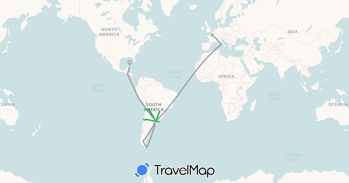 TravelMap itinerary: bus, plane, boat in Argentina, Brazil, Chile, France, Italy, Mexico, Peru, El Salvador, Uruguay (Europe, North America, South America)